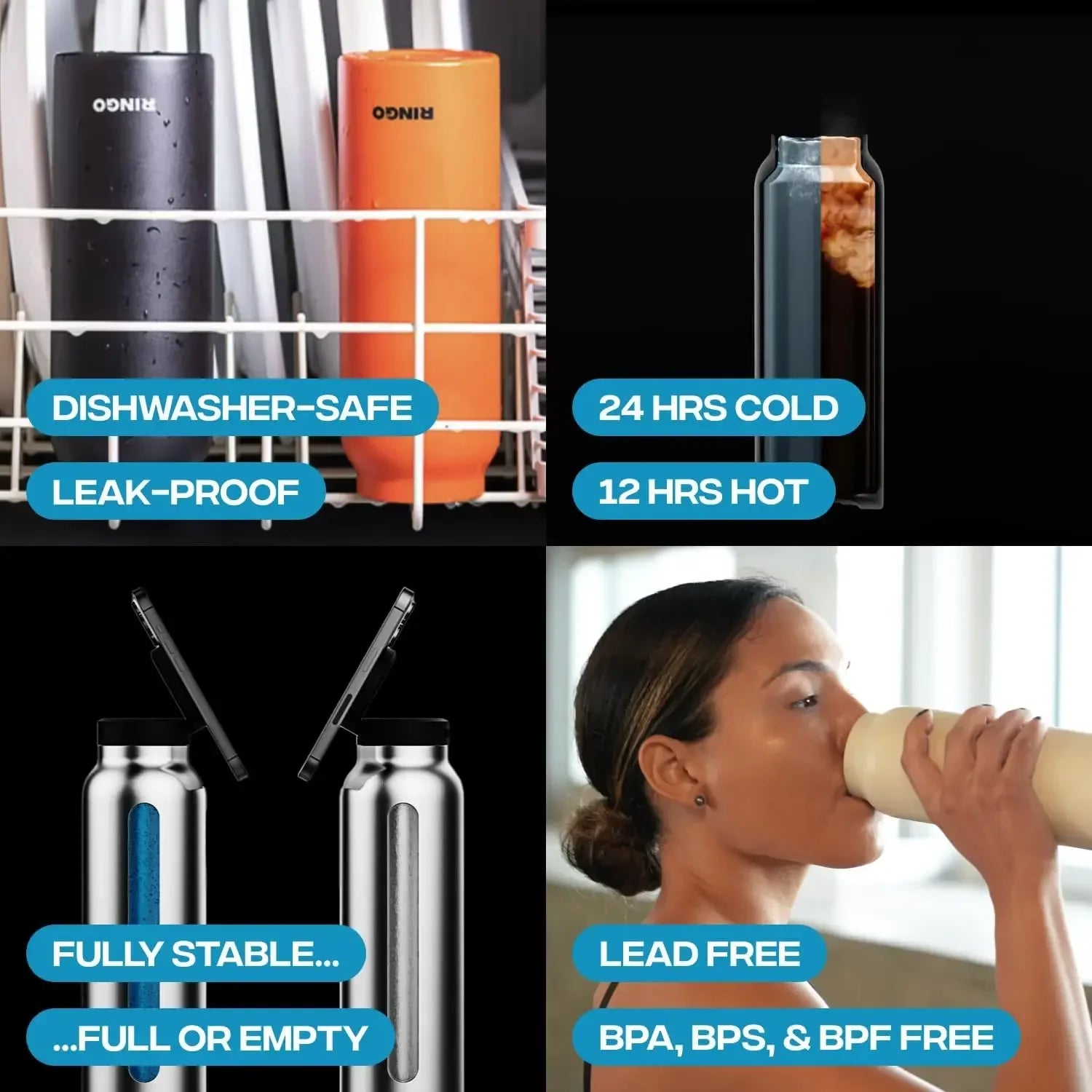 Insulated Sports Water Bottle With Magnetic Phone Holder Mount Stand